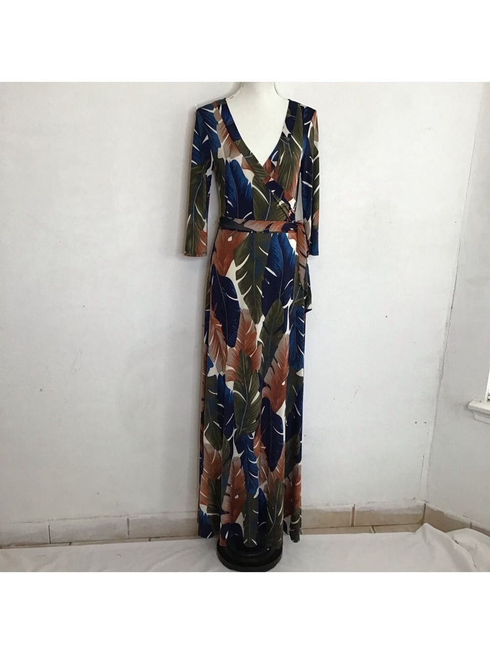Janette Women Elegant Blue Brown Tropical Leaf Print V-Neck Maxi Dress M
